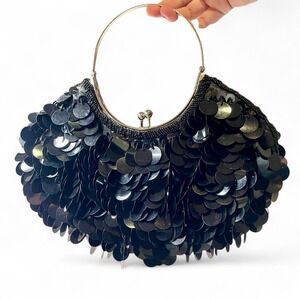 Vintage Y2K black sparkly sequin beaded clutch purse